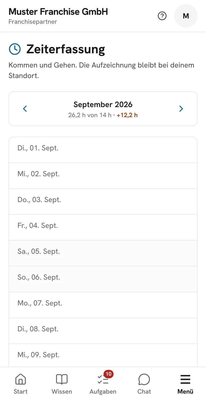 Time tracking in the app (German interface): September 2026, 26.2 of 14 target hours, the days of the month below
